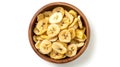 Generative AI Dried banana chips in wooden bowl isolated on white background with full depth of field Top view Fla Royalty Free Stock Photo