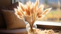 Generative AI Dried natural pampas grass in a vase on the window. Interior decor element. Close up view. Soft Sele