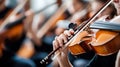 Generative AI Dynamic Closeup of Violinist Playing in an Orchestra with Blurred Musicians in Background business c