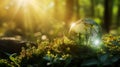 Generative AI Earth Day - Environment - Green Globe In Forest With Moss And Defocused Abstract Sunlight business c Royalty Free Stock Photo