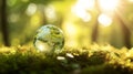 Generative AI Earth Day - Environment - Green Globe In Forest With Moss And Defocused Abstract Sunlight business c Royalty Free Stock Photo