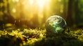 Generative AI Earth Day - Environment - Green Globe In Forest With Moss And Defocused Abstract Sunlight business c Royalty Free Stock Photo