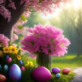 .Beautiful Easter eggs and a bouquet of purple and yellow flowers Royalty Free Stock Photo