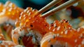 Generative AI Eating Sushi with chopsticks Sushi roll japanese food in restaurant California Sushi roll set with s