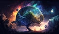 generative ai Eco Ecology world green big tree forest realistic at night on galaxy nebula art colorful. Fantastic fantasy digital