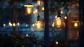 Generative AI Edison lamps shine a warm light in the restaurant room behind the glass the details of the cafe ligh Royalty Free Stock Photo