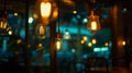 Generative AI Edison lamps shine a warm light in the restaurant room behind the glass the details of the cafe ligh