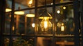 Generative AI Edison lamps shine a warm light in the restaurant room behind the glass the details of the cafe ligh Royalty Free Stock Photo