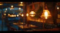 Generative AI Edison lamps shine a warm light in the restaurant room behind the glass the details of the cafe ligh