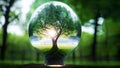 Generative AI. An electric light bulb and a tree inside it. On a green grass background. The concept of energy saving Royalty Free Stock Photo