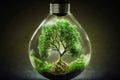 Generative AI. An electric light bulb and a tree inside it. On a green grass background. The concept of energy saving Royalty Free Stock Photo