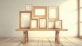 Generative AI Elegant Composition of Empty Wooden Picture Frames Displayed on a Rustic Wooden Table Against a Neut Royalty Free Stock Photo