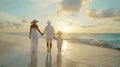 Generative AI A elegant family in white summer clothing walks hand in hand down a tropical paradise beach during s Royalty Free Stock Photo