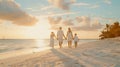 Generative AI A elegant family in white summer clothing walks hand in hand down a tropical paradise beach during s Royalty Free Stock Photo