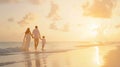 Generative AI A elegant family in white summer clothing walks hand in hand down a tropical paradise beach during s Royalty Free Stock Photo