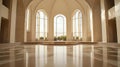 Generative AI Elegant Open Space Empty Cathedral Interior with Large Windows and Reflections business concept. Royalty Free Stock Photo