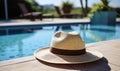 Elegant straw fedora hat resting on a poolside under the tranquil summer sun, symbolizing leisure, vacation, and the serene joy of