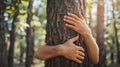 Generative AI. Embracing Nature: Person Hugging a Tree Trunk in a Sunlit Forest Royalty Free Stock Photo