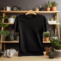 Generative AI.Empty black t-shirt mockup on a hanger in the room, front view Royalty Free Stock Photo