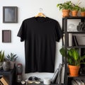 Generative AI.Empty black t-shirt mockup on a hanger in the room, front view Royalty Free Stock Photo