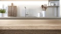 Generative AI empty brown wooden counter for product display on blurred white home kitchen interior background bus Royalty Free Stock Photo
