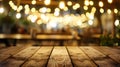 Generative AI Empty brown wooden table and blur background of abstract of resturant lights people enjoy eating can Royalty Free Stock Photo