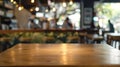 Generative AI Empty brown wooden table and blur background of abstract of resturant lights people enjoy eating can Royalty Free Stock Photo