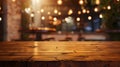 Generative AI Empty brown wooden table and blur background of resturant lights can be used for montage or display Royalty Free Stock Photo