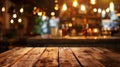 Generative AI Empty brown wooden table and blur background of resturant lights can be used for montage or display Royalty Free Stock Photo