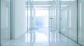 Generative AI Empty corridor hallway of modern white office building room with glass entrance door business blur b Royalty Free Stock Photo