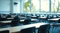 Generative AI Empty defocused university classroom. Blurred school classroom without students with empty chairs an