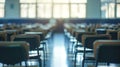 Generative AI Empty defocused university classroom. Blurred school classroom without students with empty chairs an