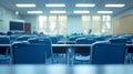 Generative AI Empty defocused university classroom. Blurred school classroom without students with empty chairs an