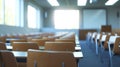 Generative AI Empty defocused university classroom. Blurred school classroom without students with empty chairs an