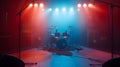 Generative AI Empty illuminated stage with drumkit guitar and microphones business concept. Royalty Free Stock Photo