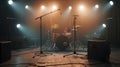 Generative AI Empty illuminated stage with drumkit guitar and microphones business concept. Royalty Free Stock Photo