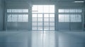 Generative AI empty light parking garage, warehouse interior with large white gates walls and windows inside busin Royalty Free Stock Photo