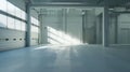 Generative AI empty light parking garage, warehouse interior with large white gates walls and windows inside busin Royalty Free Stock Photo