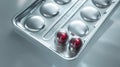 Generative AI Empty medicine textured silver blister or package with two pills Concept image to lack of developmen Royalty Free Stock Photo