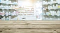 Generative AI Empty natural wood counter top with blur pharmacy background business concept. Royalty Free Stock Photo