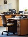 Generative AI Empty Office Desk with Chair and Phone in Quiet Professional Work Setting business concept.