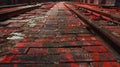 Generative AI Empty Red Brick Road Surface Floor With Old Abandoned Closed Steel Steelworks Of Pipelines Business