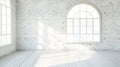 Generative AI Empty room with arched window and shiplap flooring Brick wall in loft interior mockup Studio or offi Royalty Free Stock Photo