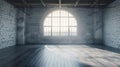 Generative AI Empty room with arched window and shiplap flooring Brick wall in loft interior mockup Studio or offi Royalty Free Stock Photo