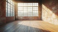 Generative AI Empty room with big window in loft style. Wooden floor and brick wall in a modern interior business Royalty Free Stock Photo