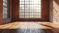 Generative AI Empty room with big window in loft style. Wooden floor and brick wall in a modern interior. business Royalty Free Stock Photo