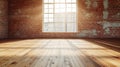 Generative AI Empty room with big window in loft style. Wooden floor and brick wall in a modern interior. business Royalty Free Stock Photo