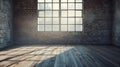 Generative AI Empty room with big window in loft style. Wooden floor and brick wall in a modern interior business Royalty Free Stock Photo