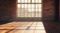 Generative AI Empty room with big window in loft style. Wooden floor and brick wall in a modern interior. business Royalty Free Stock Photo