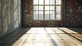 Generative AI Empty room with big window in loft style. Wooden floor and brick wall in a modern interior business Royalty Free Stock Photo